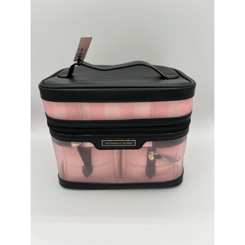 NWT Victoria's Secret Pink Striped Vanity Train Cosmetic Case Travel Bag